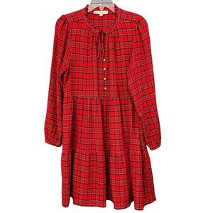 LOFT Red Plaid Tiered Seersucker Dress w/ Pockets